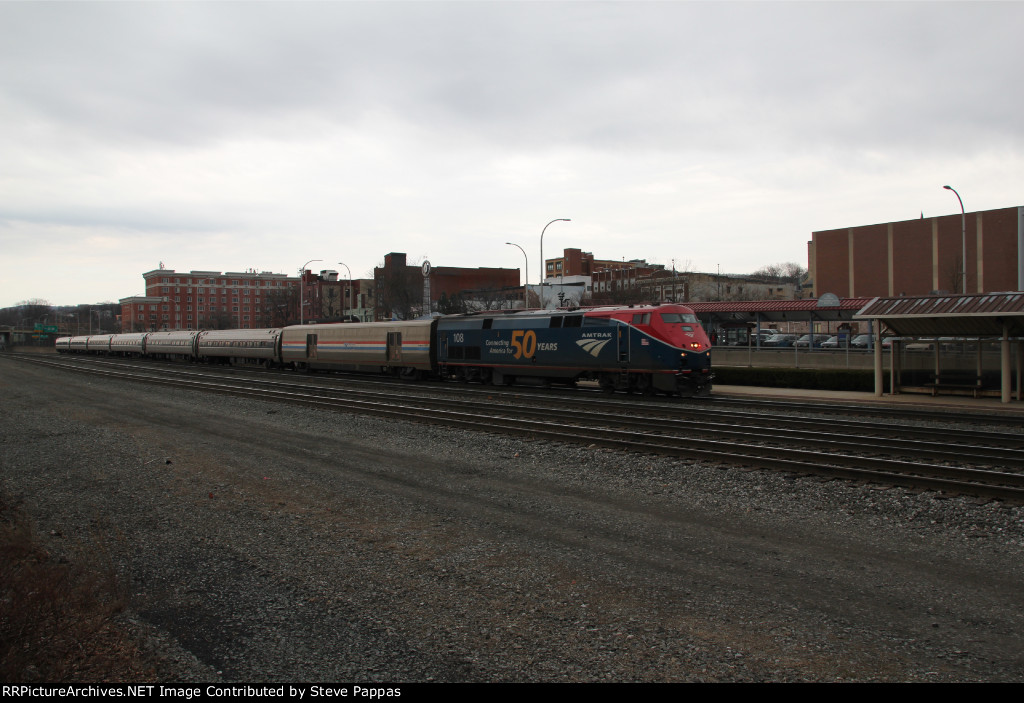 Amtrak train 42 pulls into the station with 108 leading